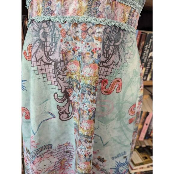 DALIA MACPHEE Printed A Line Dress M Green Jade Pleated Frill Bow Neck D725 - Picture 4 of 8